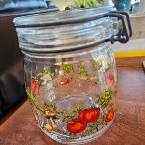 vintage arc France glass canister &hinged lid veg and mushroom design 1970